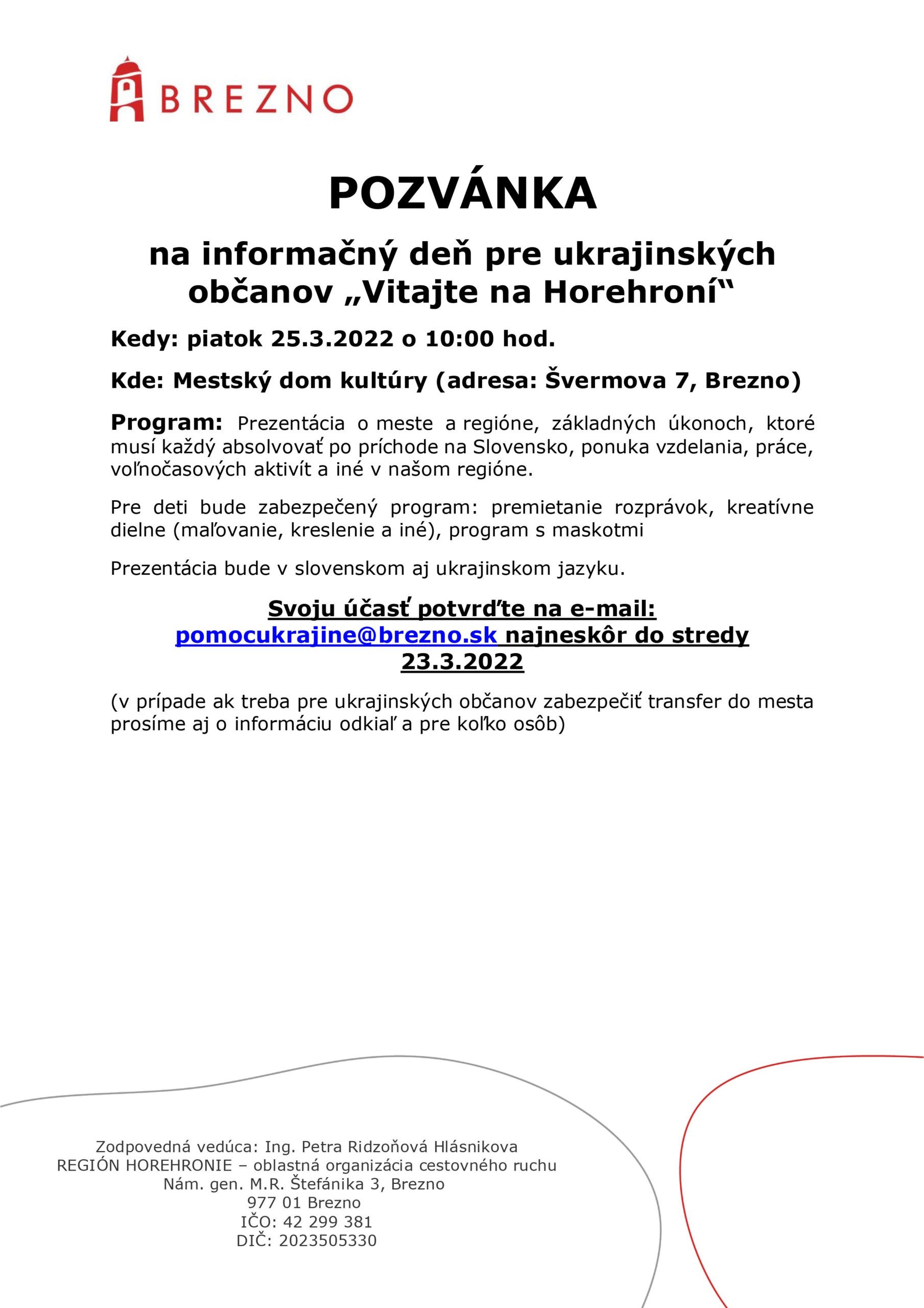 POZVÁNKA – INFORMAČNÝ DEŇ PRE UKRAJINSKÝCH OBČANOV „VITAJTE NA HOREHRONÍ“