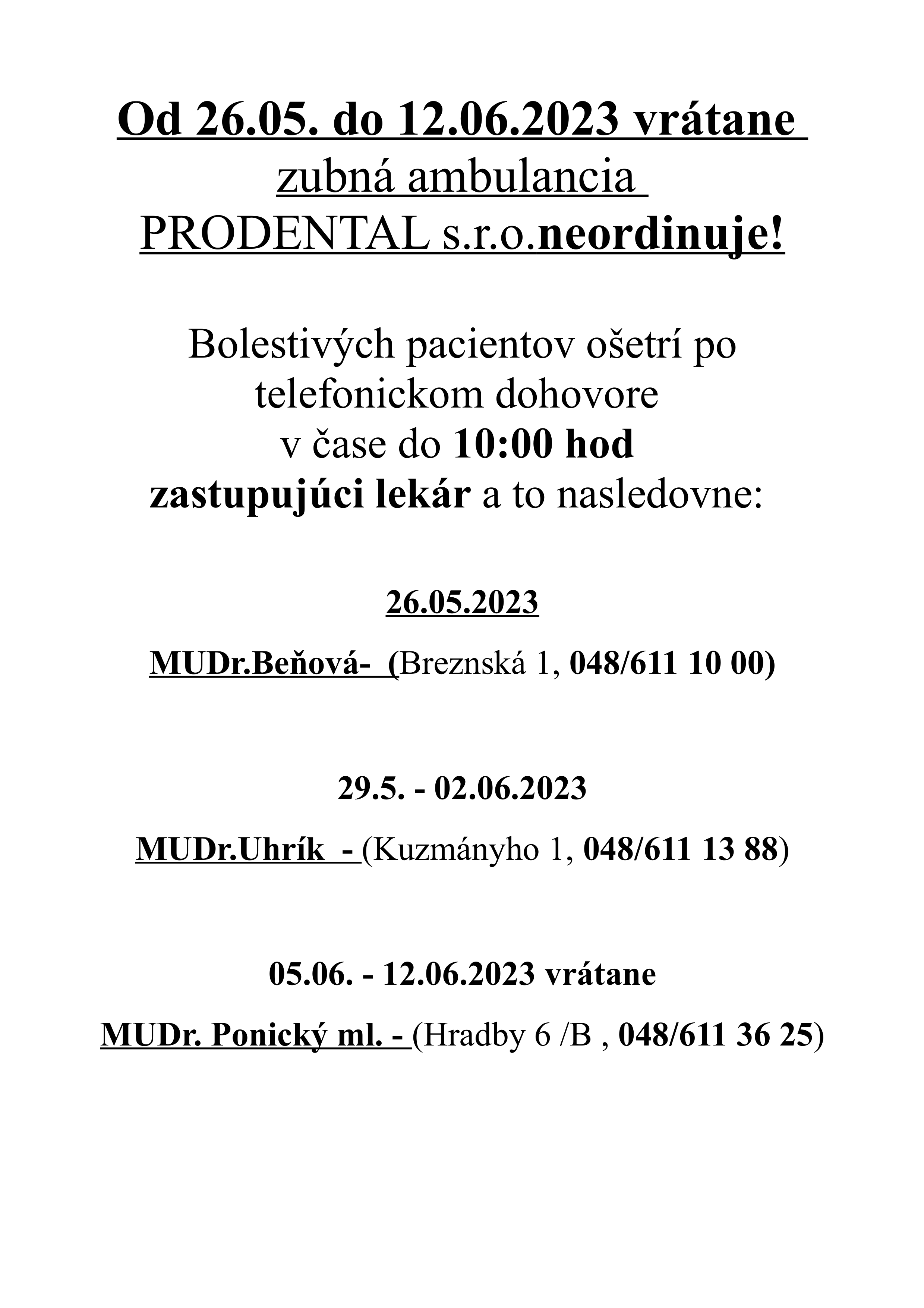 Zubná ambulancia PRODENTAL s.r.o. neordinuje !